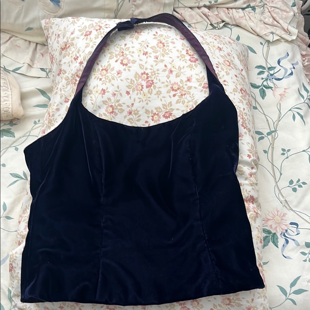 Blue Sleeveless Bustier velvety halter bridesmaid Top